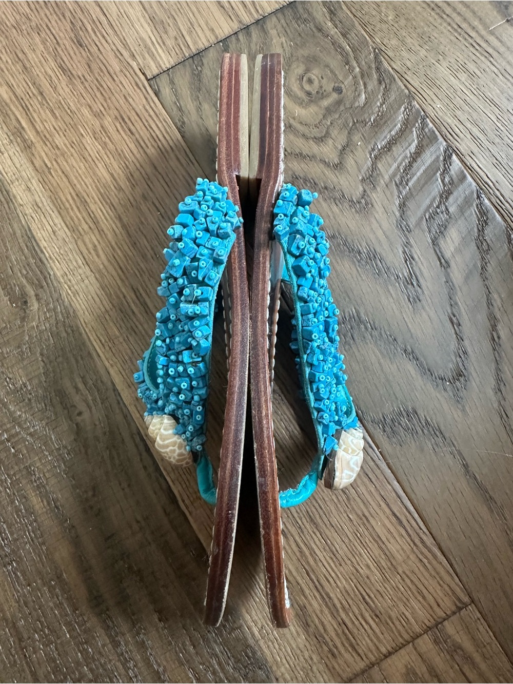 Skemo Beaded Shell Leather Thong Coastal Sandals Turquoise Boho Women’s Size 8 - Picture 3 of 4